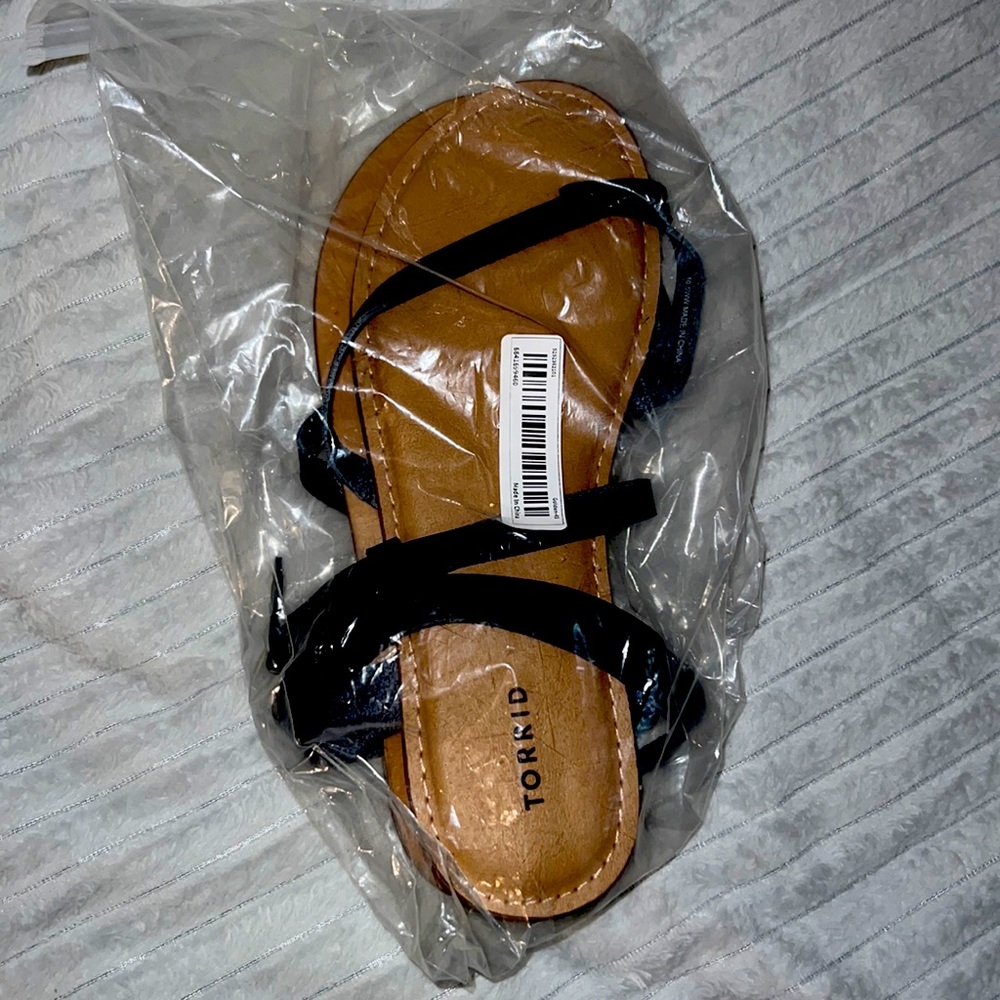 Black leather tan sandals